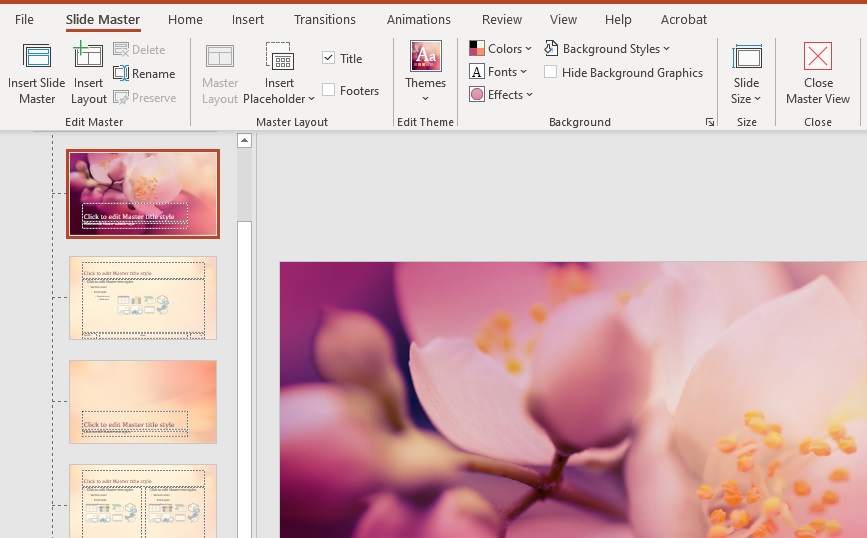 To view the master slide for your presentation, go to the View tab and ...